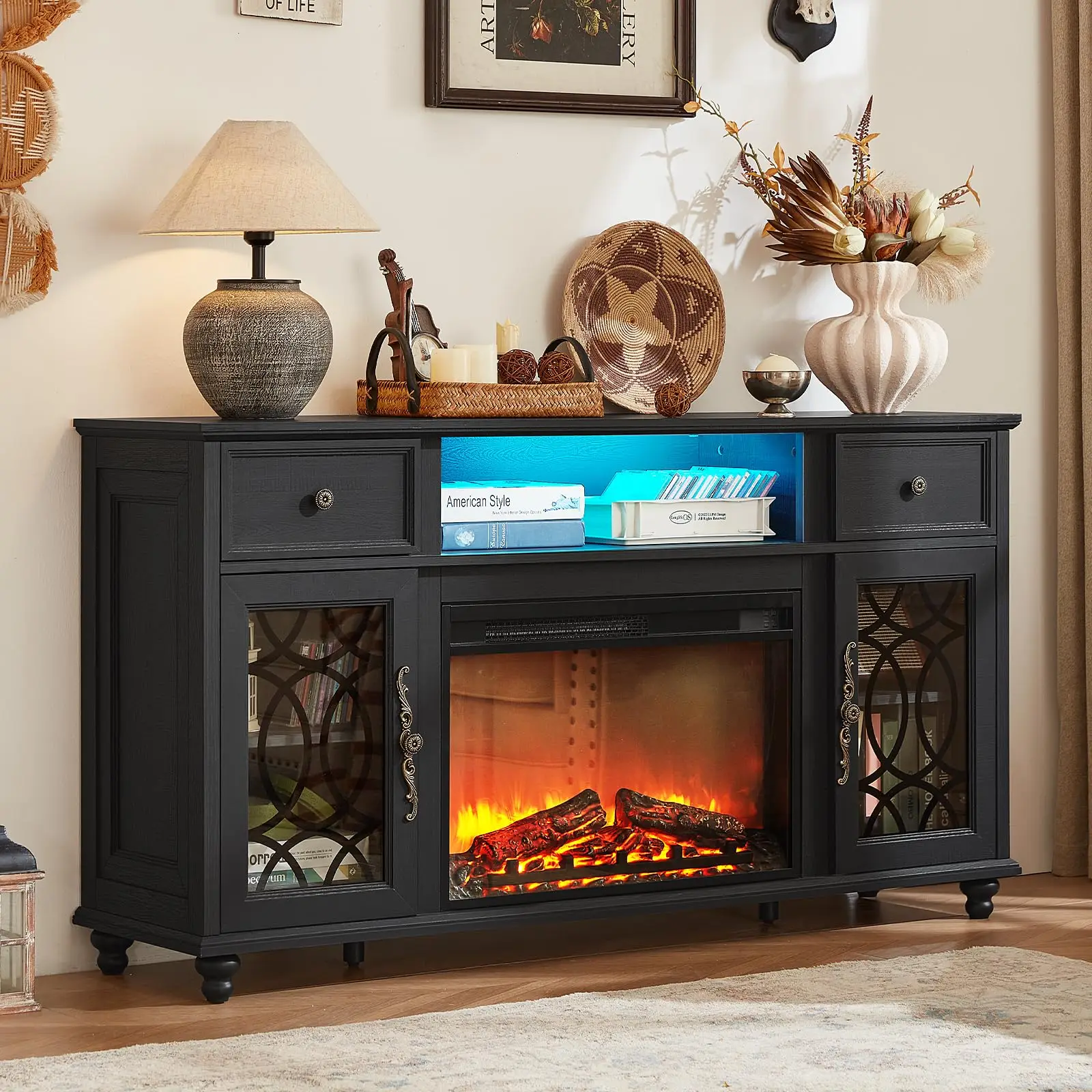 Farmhouse Fireplace TV Stand with Electric Fireplace & LED Lights | 59