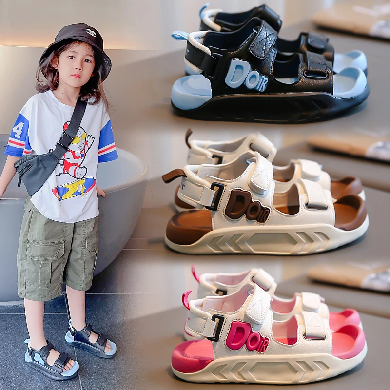 Children's Fashion Sandals White Brown Leather Open Toe Boys Girls Middle and Big Boys Beach Shoes Rose Red Kids Sports Sandals