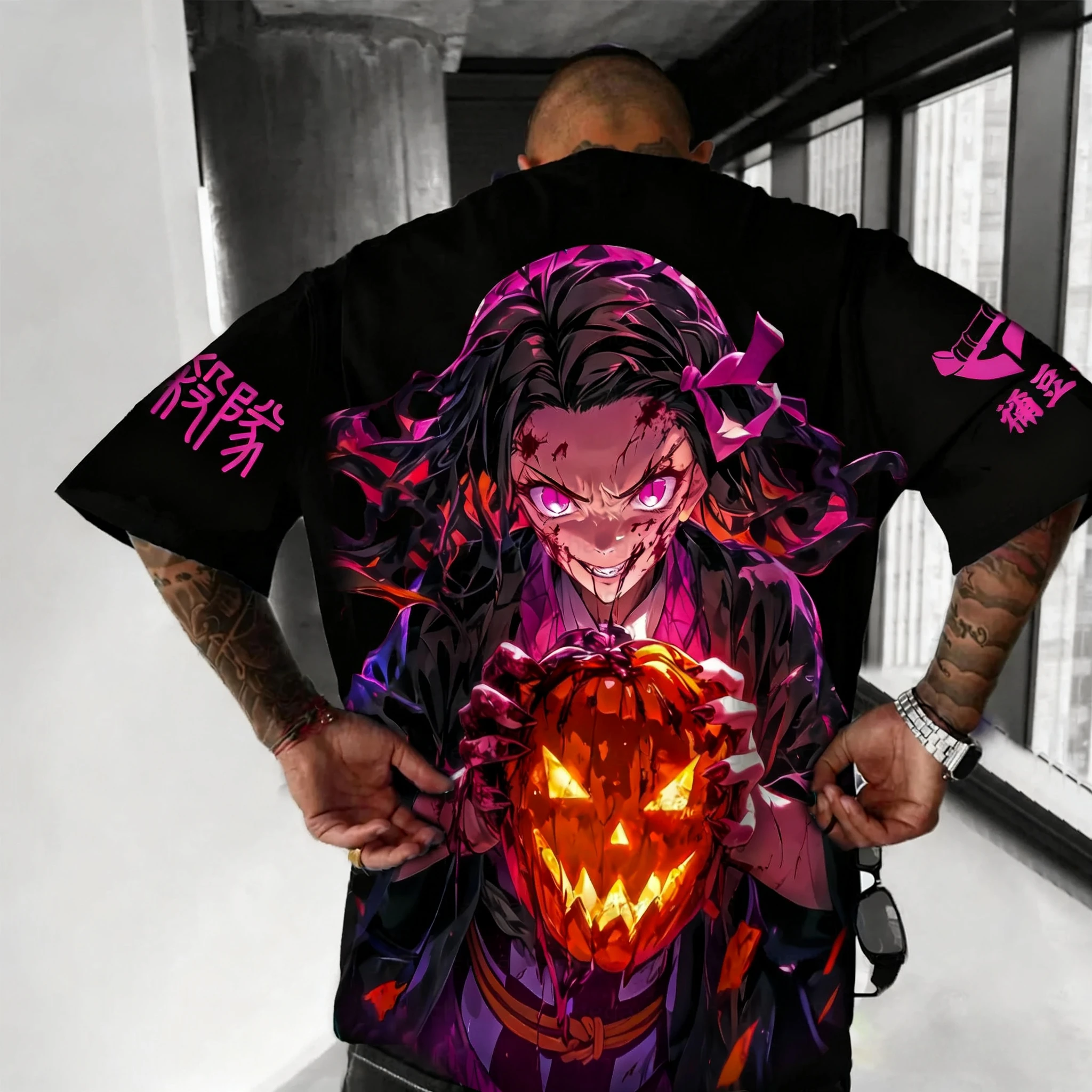 귀멸의 칼날 애니메이션 할로윈 콜라보 프린트 티셔츠 여름 남성용 신상 하라주쿠 캐주얼 루즈핏 부모-자녀 반팔 상의
