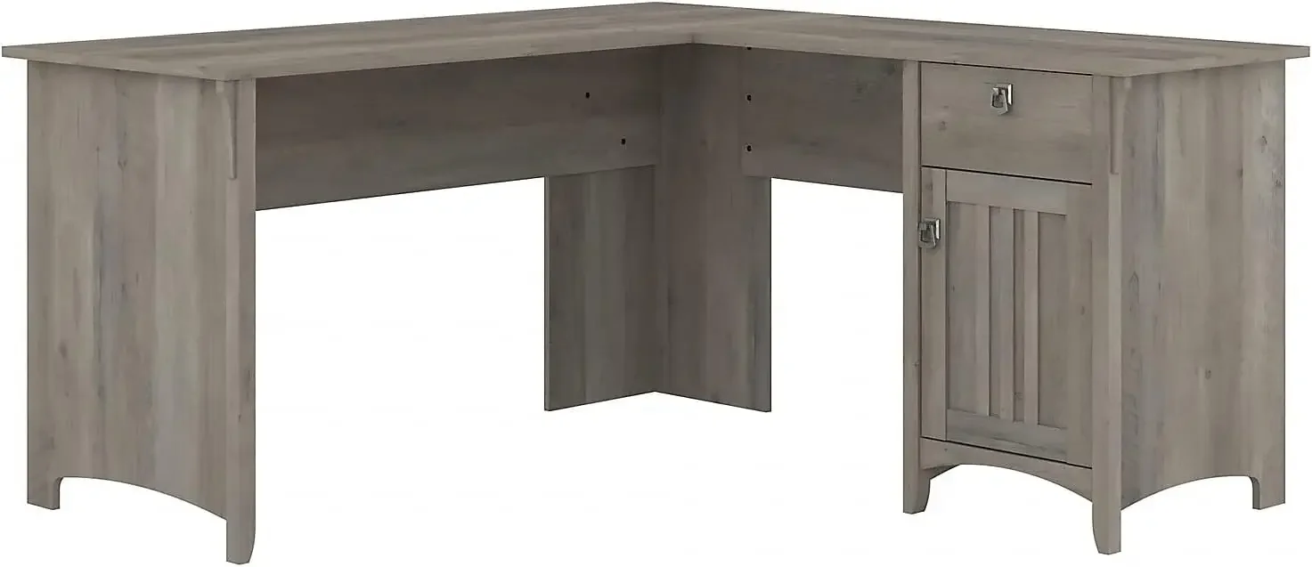 

Salinas L Shaped Desk with Storage in Driftwood Gray | Modern Farmhouse Corner Table with Drawers and Cabinets for Home Office