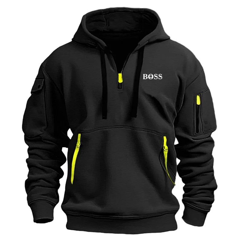 Men's casual hoodie, multiple zipper pockets, European size printed, long sleeve, new, autumn and winter, 2024