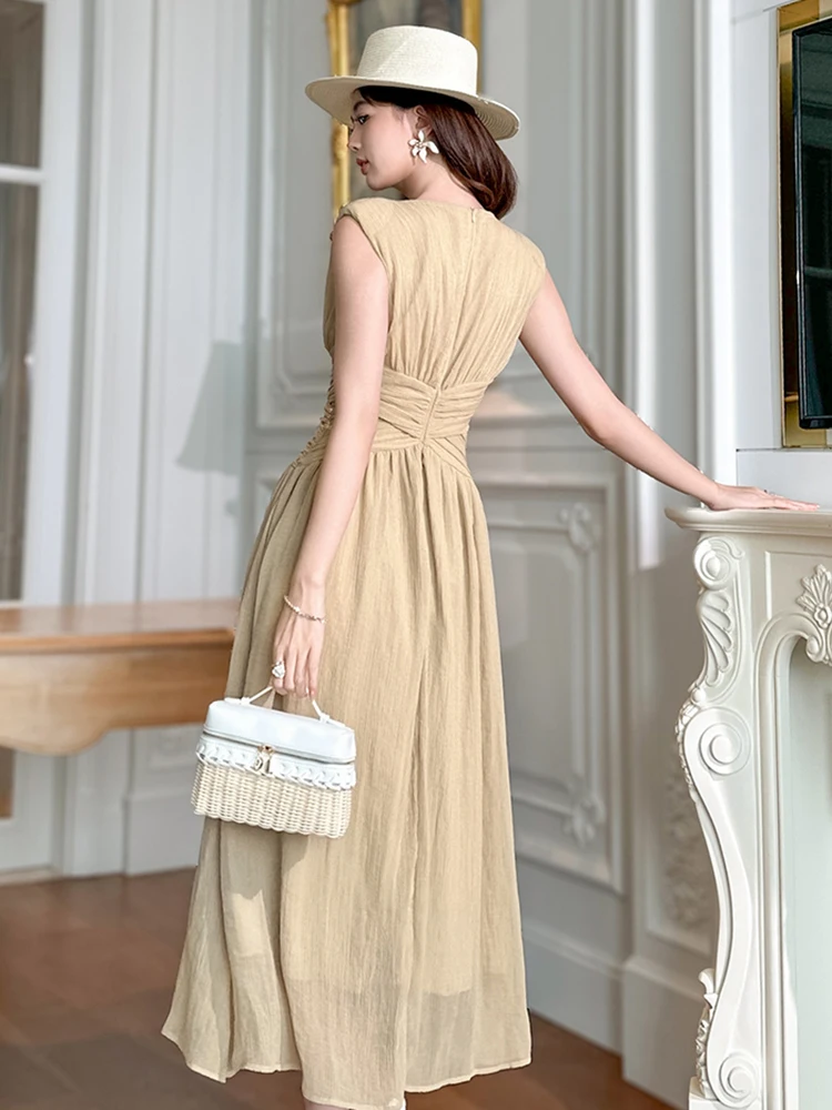 Sommer Mode frauen Ärmelloses Dünnes Midi Kleid Korsett A-line Robe Sommer Elegante Formale Dating Party Kleid Damen Vestidos Neue