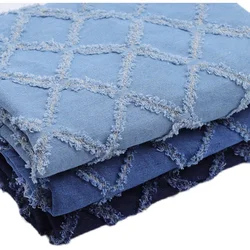 Cool Wide 140cm Blue Denim Fabric Cotton  Rhombus Crochet Washed Denim Fabric Sewing Material Diy Clothing Dress