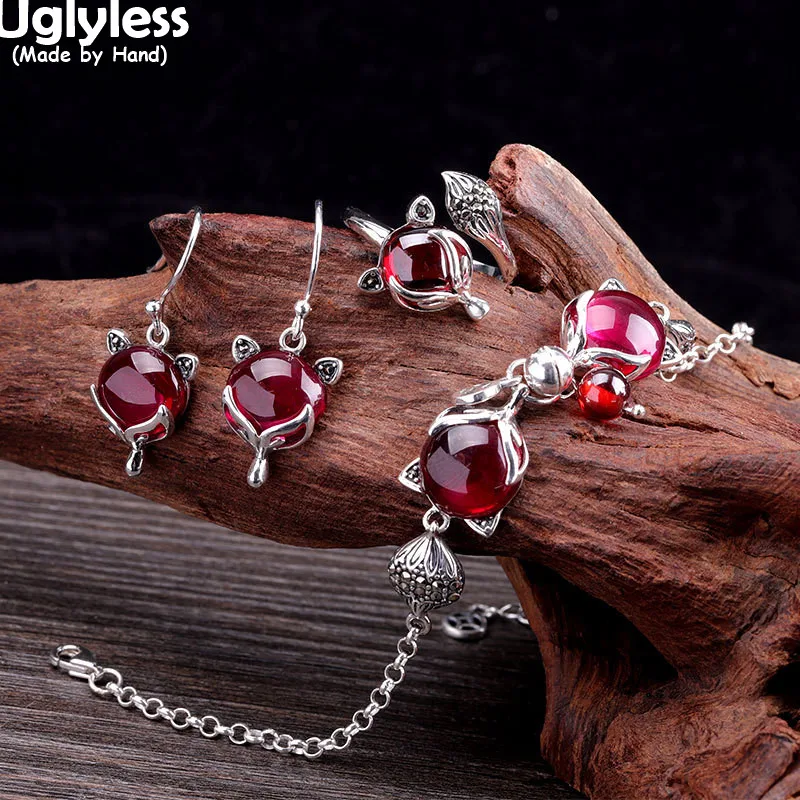 Uglyless Mysterious LOVE God Fox Jewelry Sets for Women 925 Silver Animals Bracelets Rings Earrings Chalcedony Brincos Bijoux