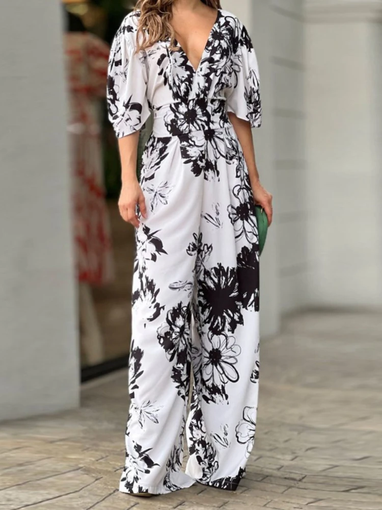 Jumpsuit Motif Elegan Fashion Celana Lebar Pinggang Tinggi Leher-v Lengan Pendek Musim Semi Musim Panas Jumpsuit Liburan Kasual untuk Wanita