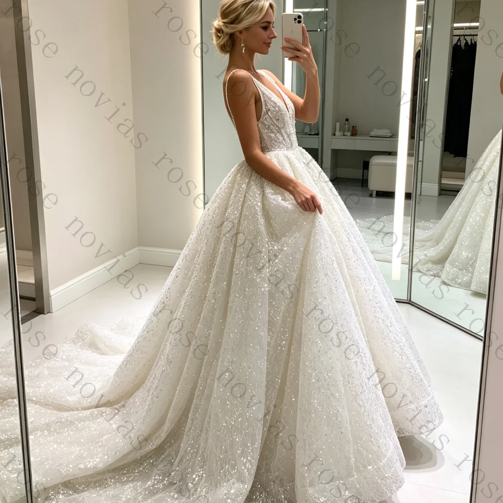 Customized Luxury Bridal Ceremony Gown Deep V Sleeveless Sparkly Beaded Glitter Tulle Ballgown Dress Royal Wedding Outfit