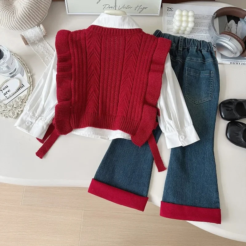 3Pcs Girls Suits Autumn Winter Long Sleeve Shirt+Knitted Sweaters Vest+Jeans Children Casual Costumes Toddler Girl Outfits Set