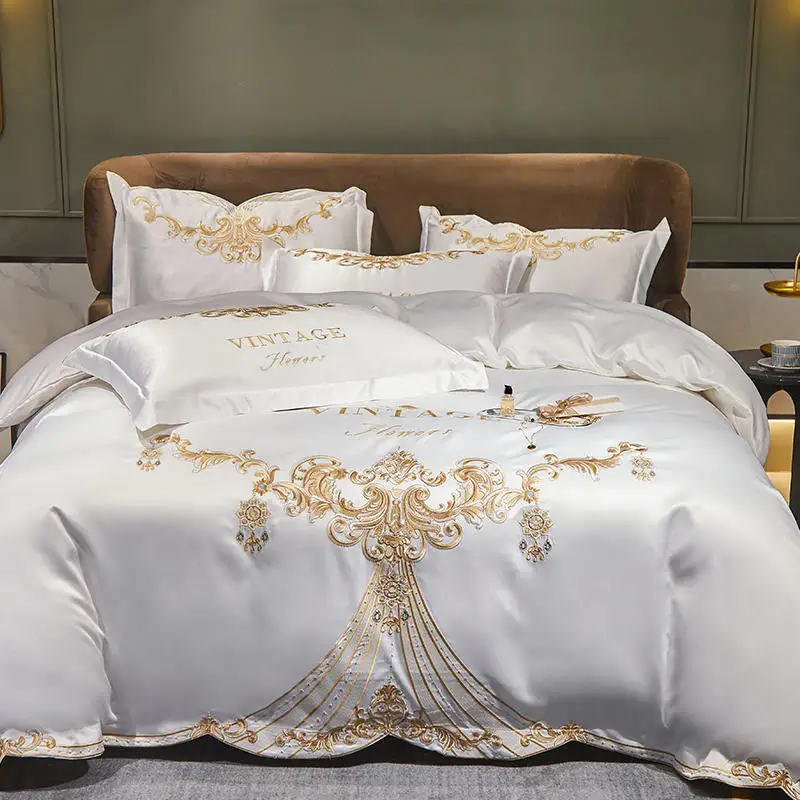 Gold Embroidery White Bedding Set Luxury Solid Color Satin Cotton Double Duvet Cover Bed Sheet Bedspread Pillowcases