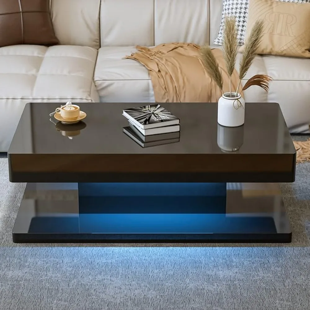 Coffee Table with Drawer, High Glossy Rectangle Coffees End Tables with 16 Colors LED Lights, Coffee Table