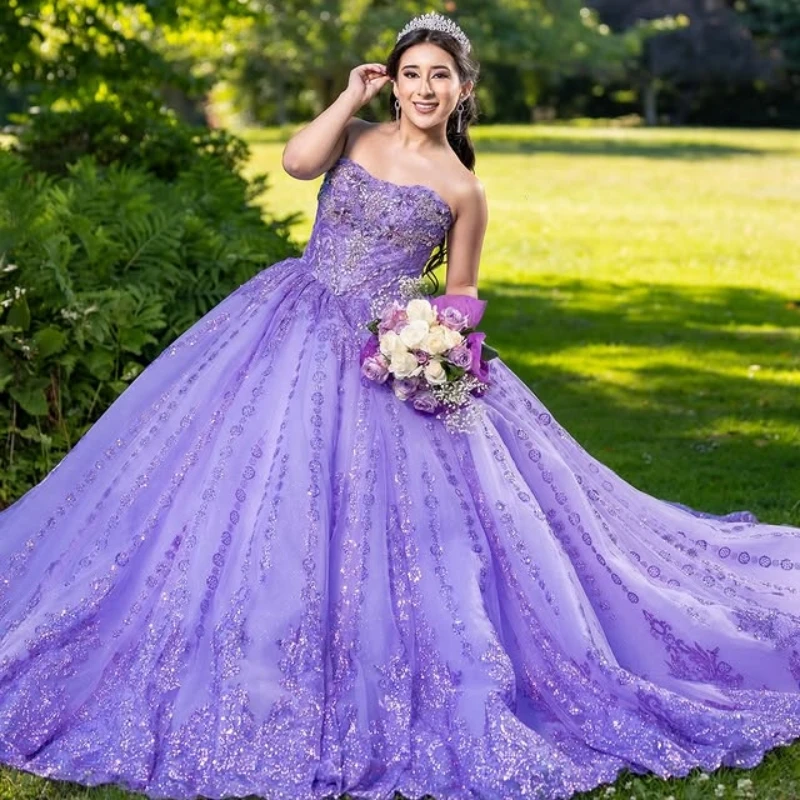 

Lavender Shiny Quinceanera Dresses Ball Gown Off Shoulder Sequin Applique Lace Beads Tull Corset Sweet 16 Dress Vestidos 15 De