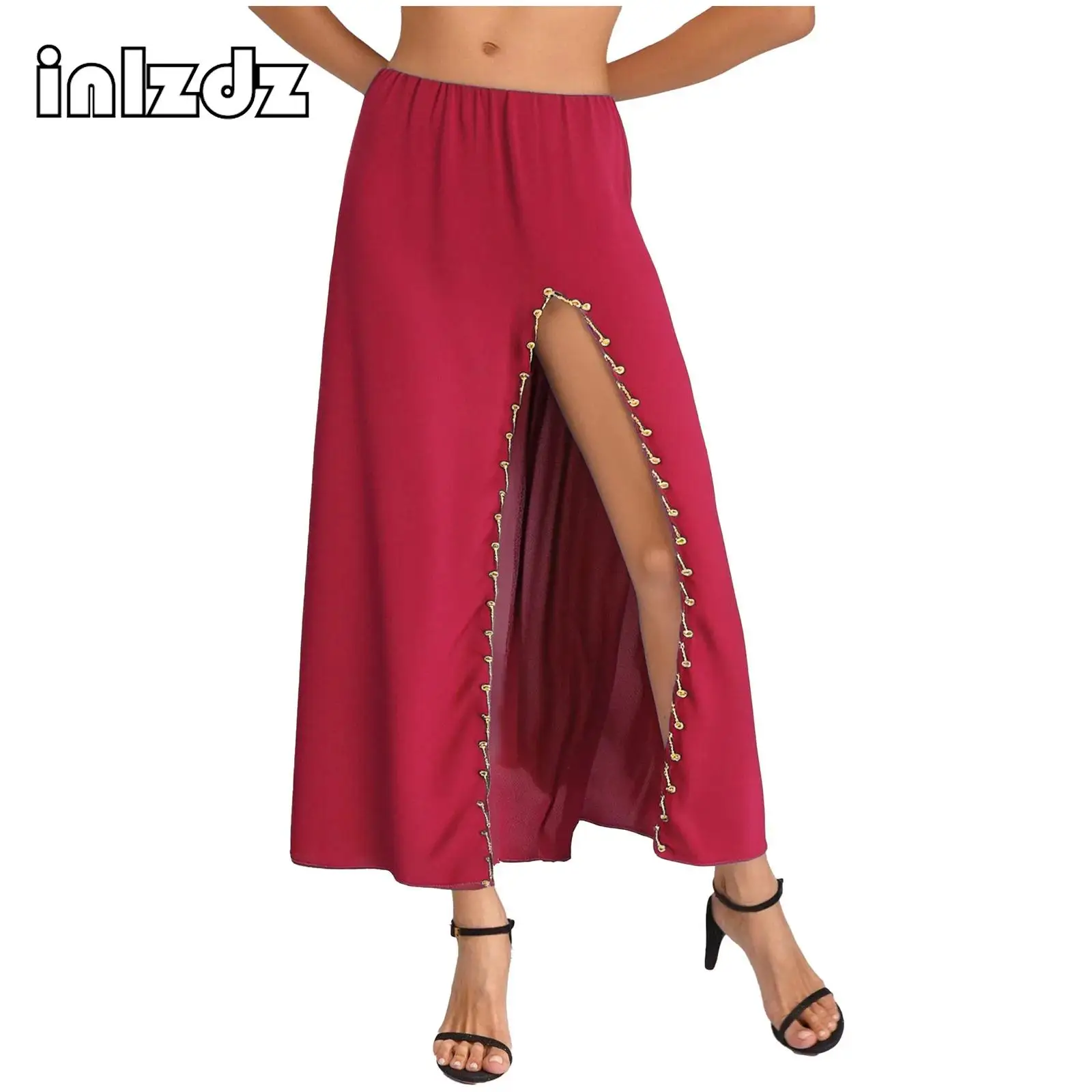 

Womens Belly Dance Maxi Skirt Elastic Waist Side Split Plastic Beads Trim Dancing Skirt India Ethnic Dance Performances Costume