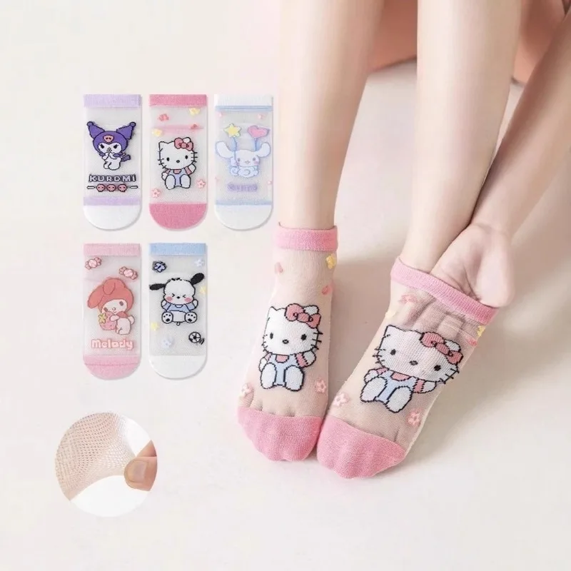 

5pcs Kawaii Hello Kitty Cotton Socks Cute Cartoon Summer Thin Cotton Socks Breathable Mesh Children Products Student Wholesale