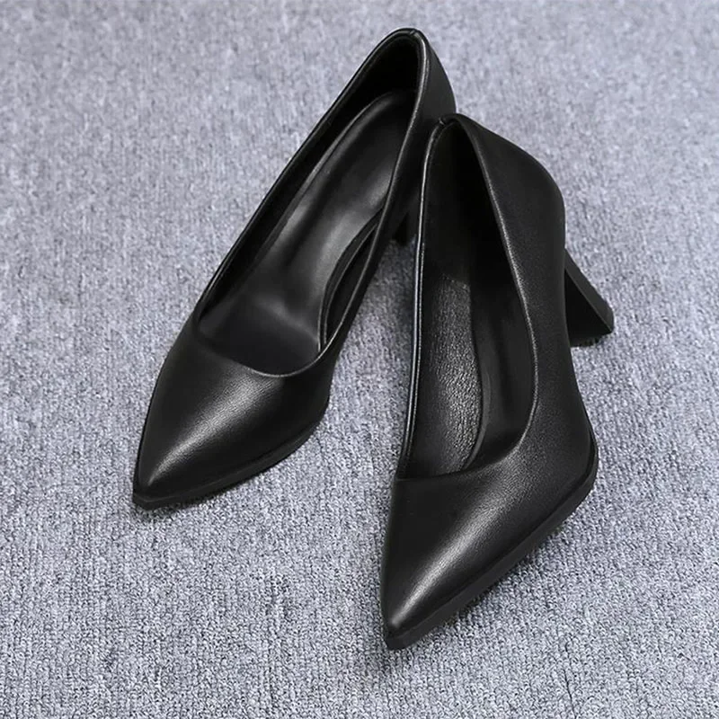 Soft PU Non-slip Single Shoe Work Shoes Women\'s Pumps Black Professional Interview High Heels Mid Heeled Work Leather Shoes
