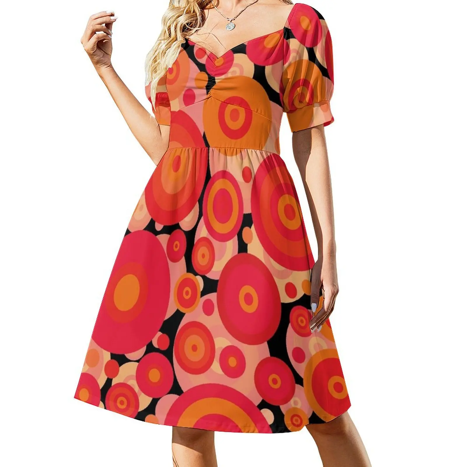 

Red Retro Circle Pattern Short Sleeved Dress loose summer dress Prom gown Dress