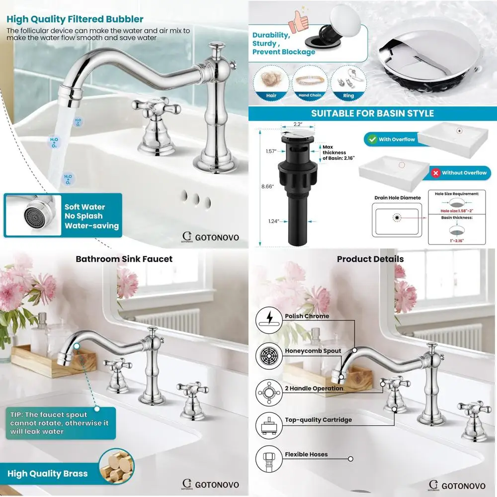 

8 Vintage Widespread 3-Hole Bathroom Sink Faucet with 2 Cross Handles, Pop-Up Drain, Hot/Cold Mixer, Polished Chrome