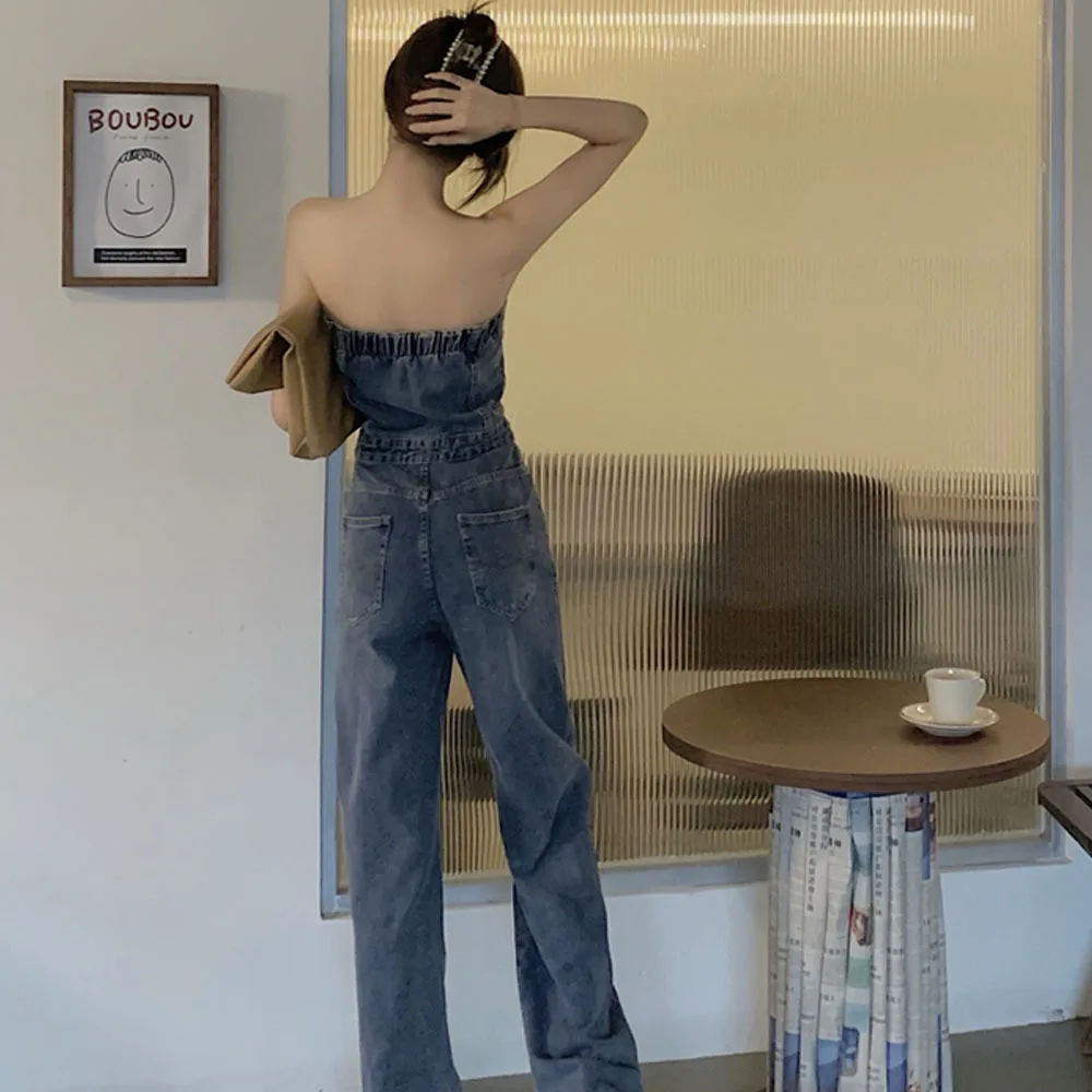 Spring Autumn New Temperament Sexy Sleeveless Tube Denim Wide-leg Jumpsuits Women Fashion Streetwear 2022