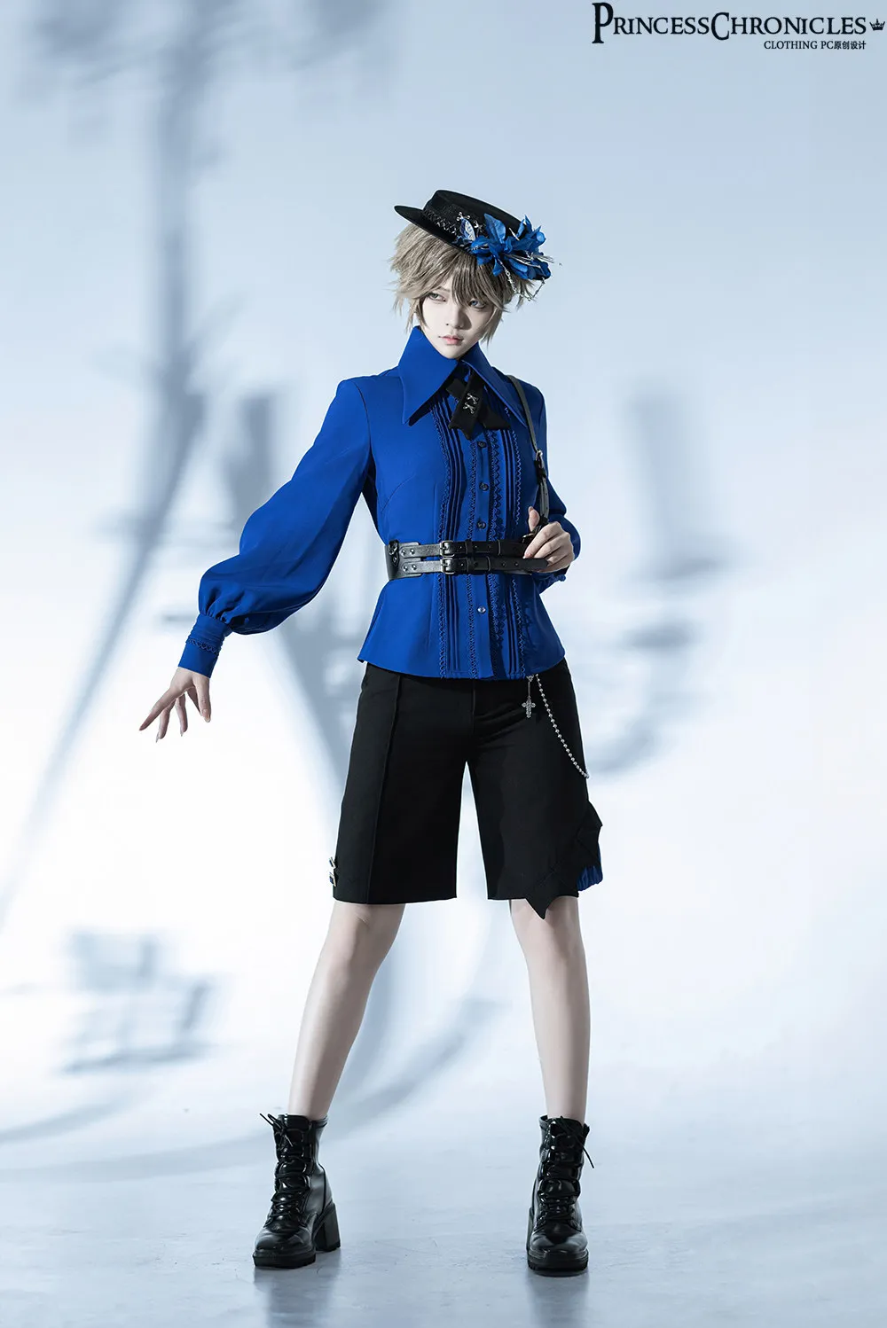Vintage Royal Blue Lolita Blouse Pointed Lapel Collar Bow Decor Lace Pintuck Front Long Balloon Sleeve Women Shirt