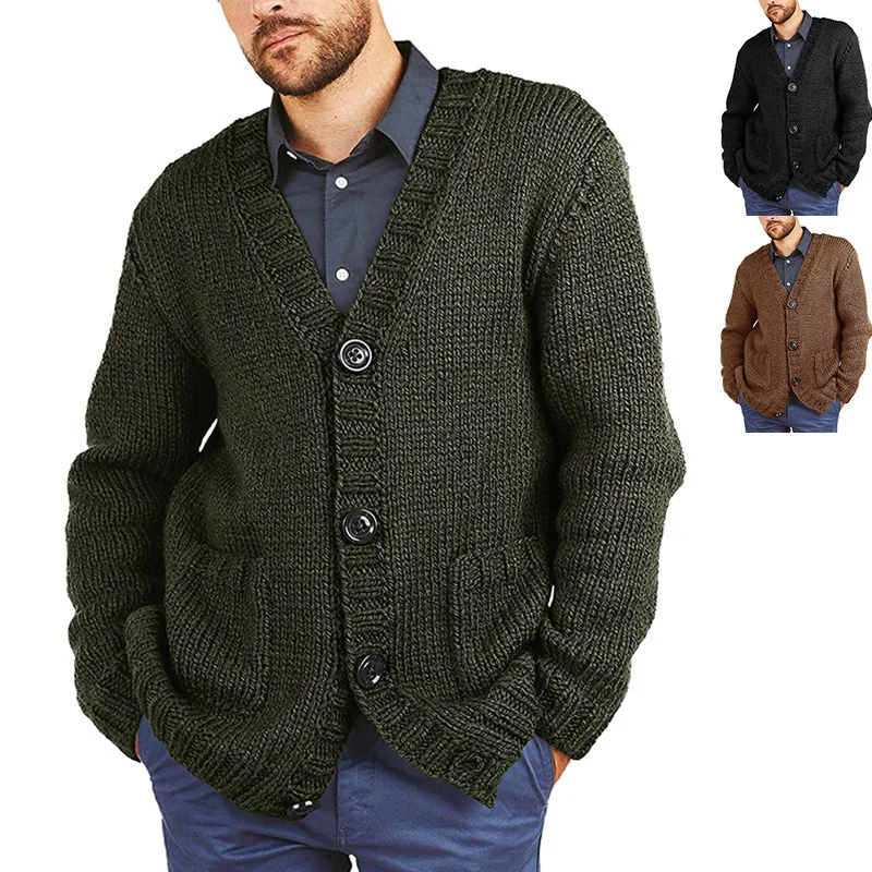 

New Sweater Cardigan Men's Solid Color V-neck Long-sleeved Knitted Jacket Men's Clothing