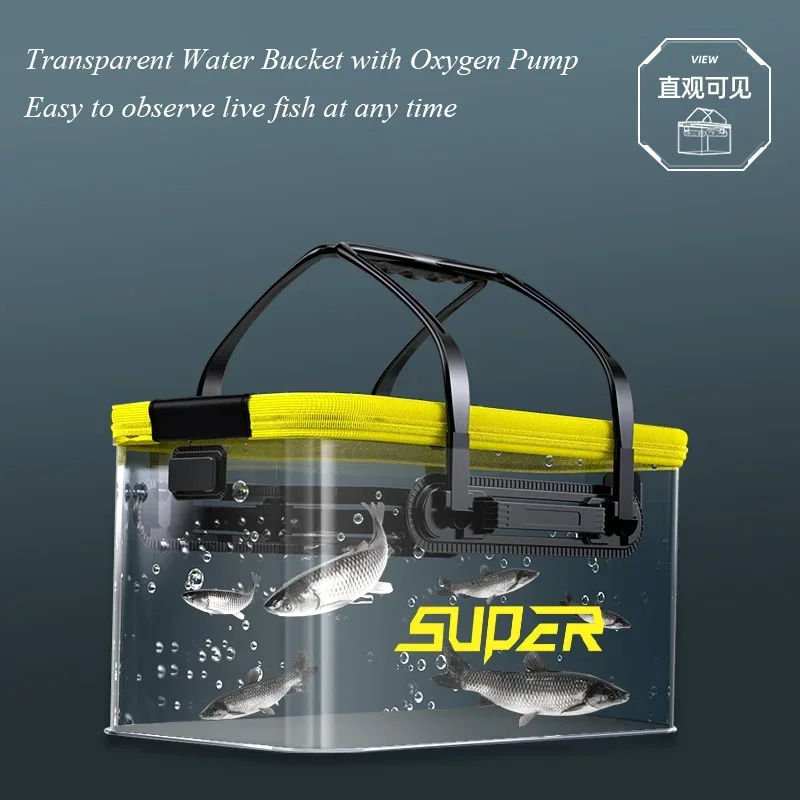 Live Bait Bucket with Air Hole Oxygen Pump Transparent Lid Fishing Bucket Portable Folding Fishing Bucket Outdoor Camping