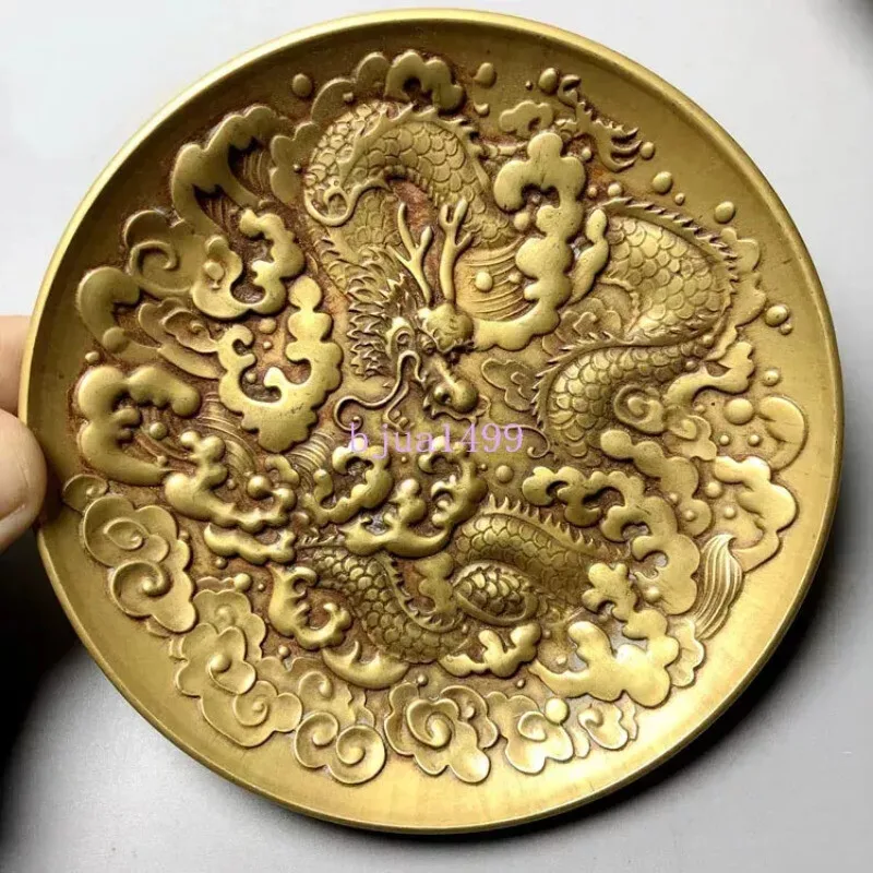 Marked Old Chinese Brass Bronze Gilt Dynasty Palace Dragon Beast Tray Plate Dish