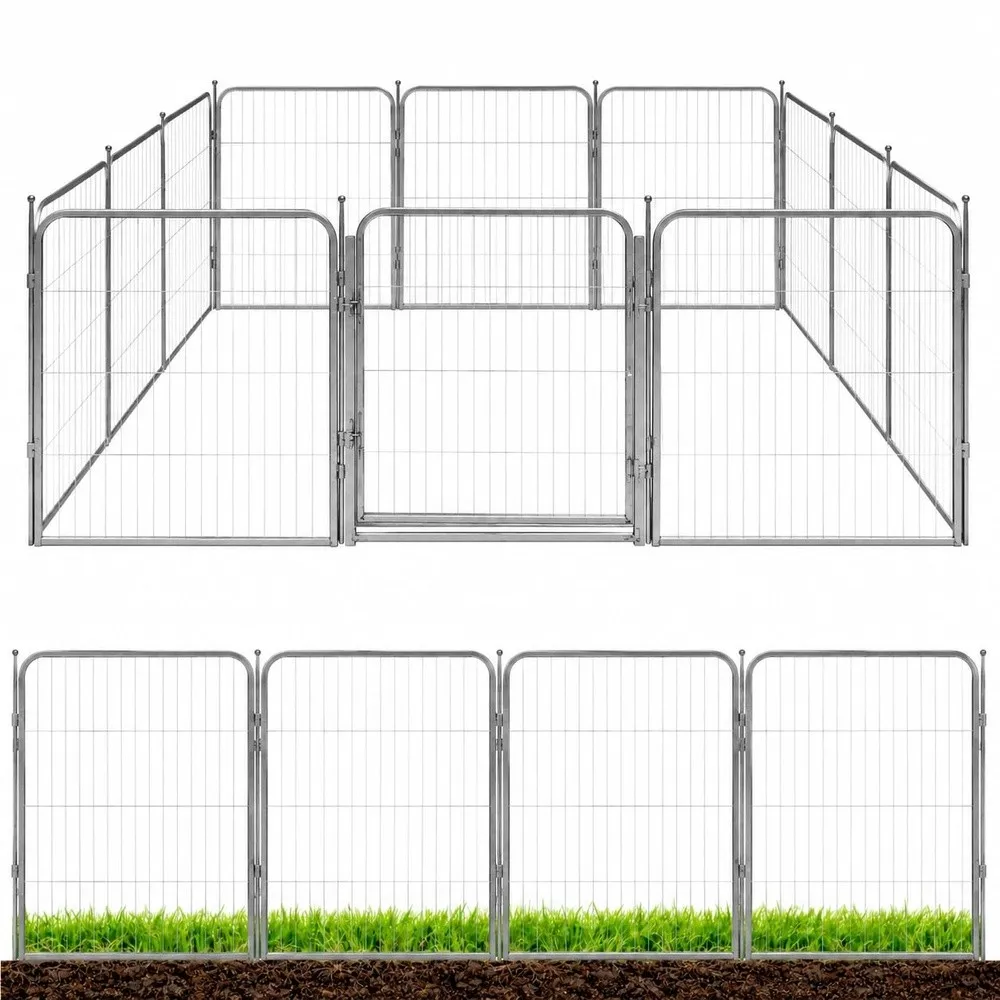 Decorative Outdoor Garden Fence 32in 12 Panels Grey Heavy Duty Metal Fencing w/Anti Rust Coating & Extra Wide Gate for