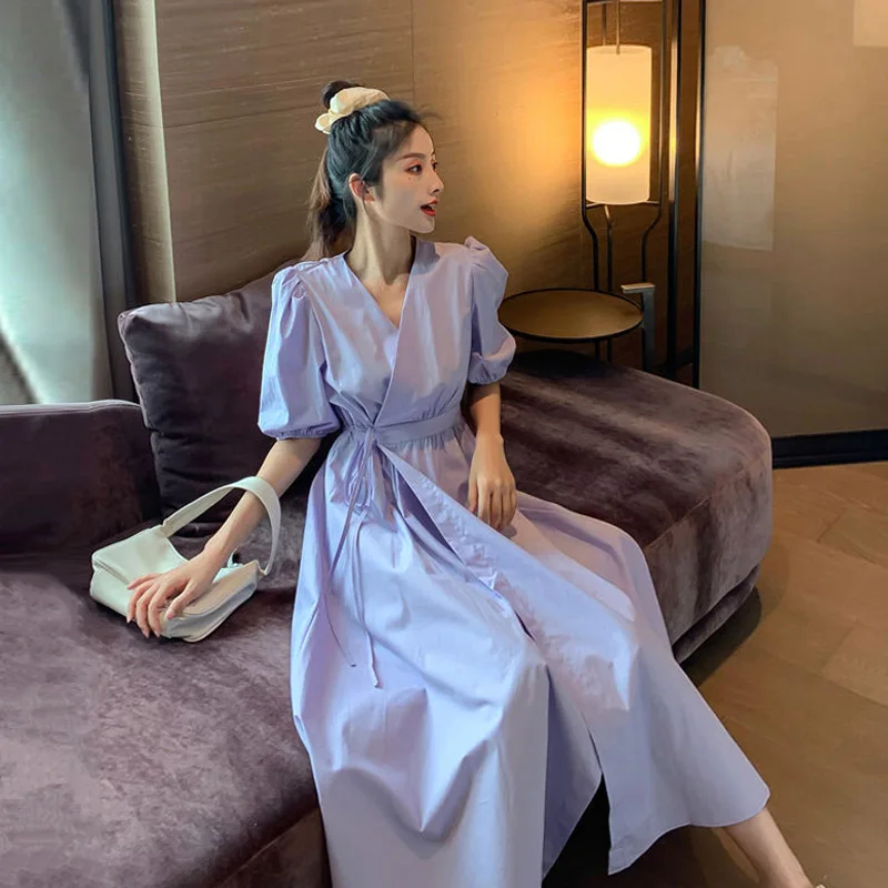 

plus Size Women's Purple Dr 2024 Summer Faion Slimming Waist Concealing Belly Fairy Skirt Sle ort Sve Long Dr