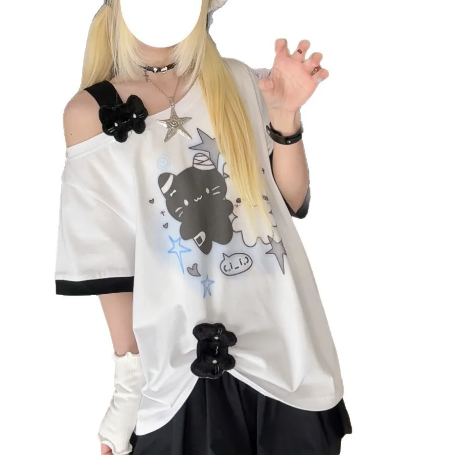 Summer Hot Sale Girl's College Style Japanese Subculture Punk 2D Cat Print Short Sleeve Top（without accessories）