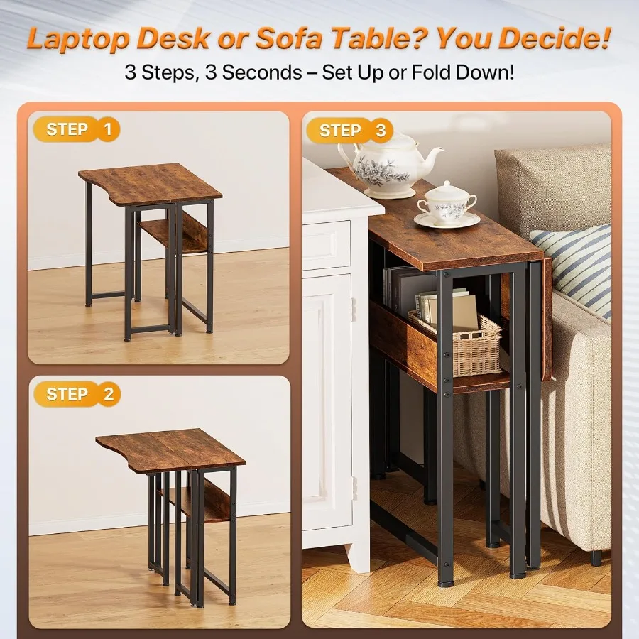 Bureau pliant avec étagère de rangement, Table d'ordinateur pliable de 23.6 pouces pour petits espaces, Table de canapé peu encombrante pour canapé d'écriture Wo