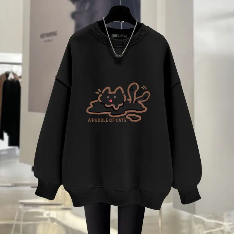 Women Clothing Cartoon Printed O-neck Sweatshirts Vintage Loose Casual Hoodies Autumn Fashion Y2k Pullovers