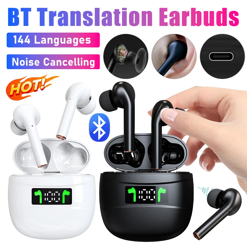 Wireless BT Headphones Real Time 144 Languages Translation Earbuds Noise Cancelling Headset for Business Travel Learning Sports