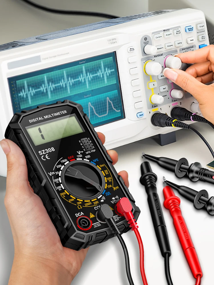 Multimètre numérique ANENG SZ308 – Testeur de courant AC/DC, de tension et de résistance, écran LCD pour électricien, test de résistance et d'onde carrée