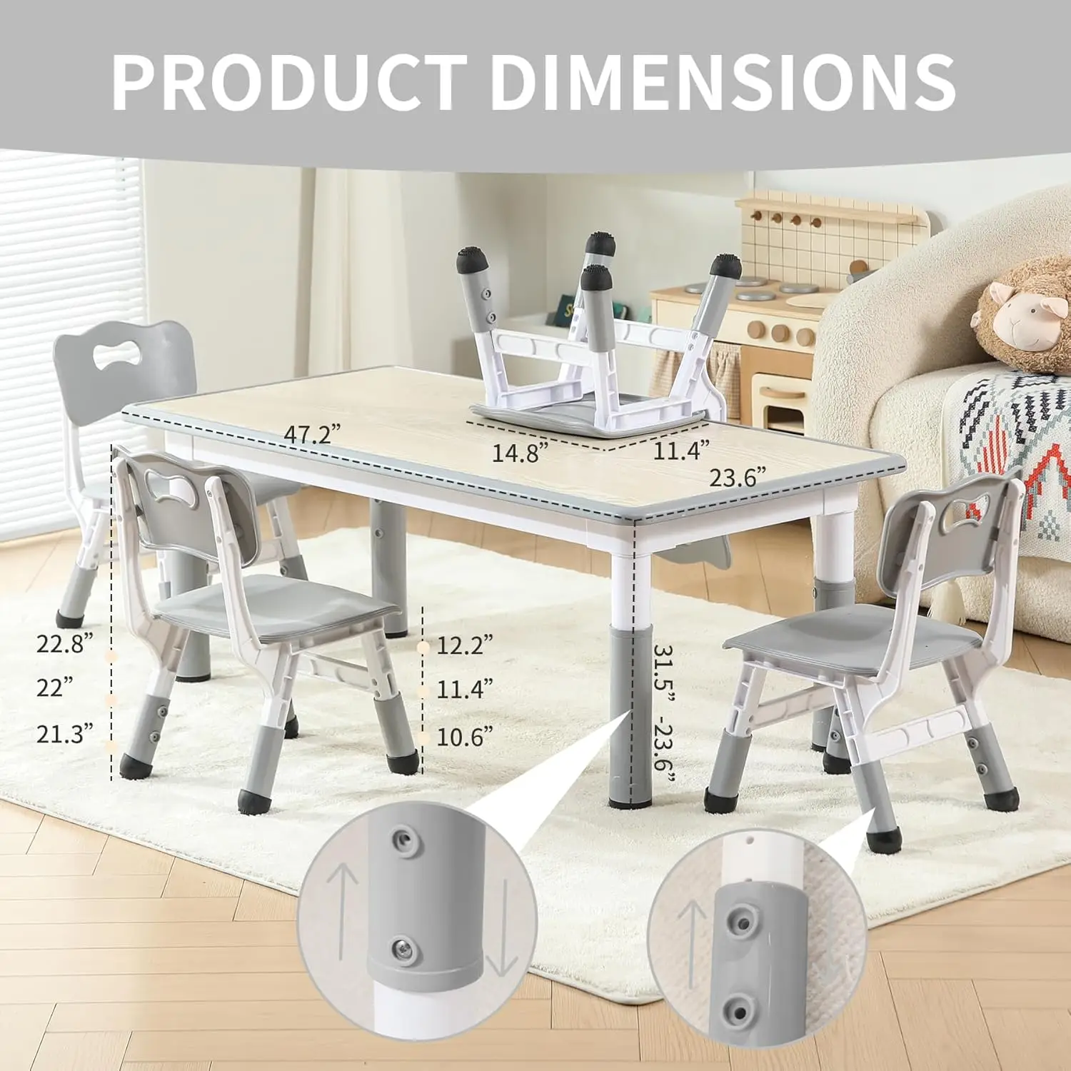 Conjunto de mesa infantil e 4 cadeiras, conjunto de mesa e cadeiras para crianças com altura ajustável com capas de borracha para pés, desktop graffiti para crianças