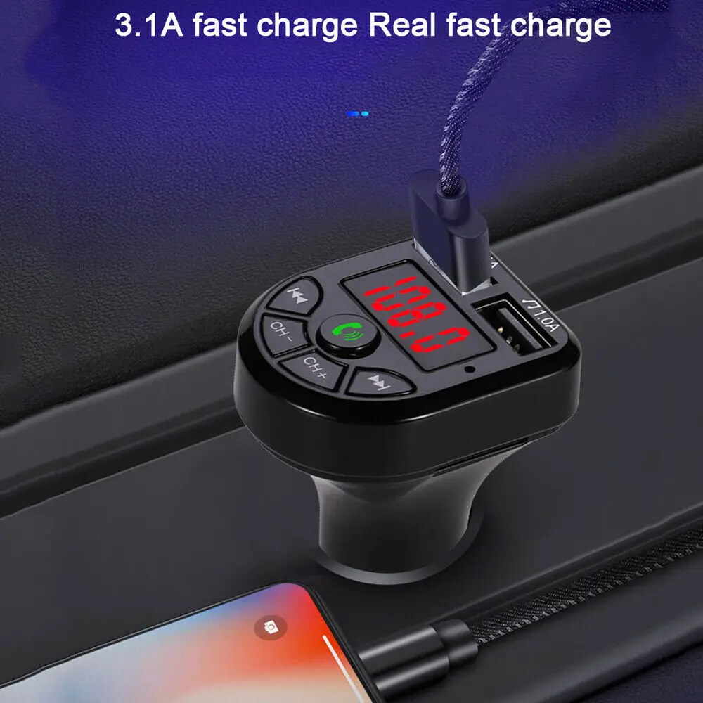 Podofo Car MP3 Player Dual USB Ports 3.1A Car Charger FM Transmission Voice Assistant Bluetooth Hands-free Calling LED Display