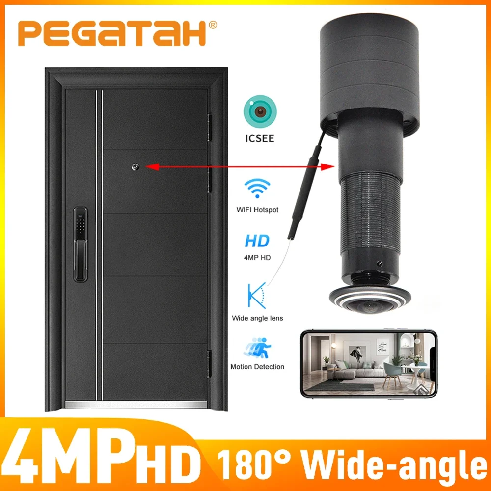 كاميرا PEGATAH 4MP HD فيديو ثقب الباب واي فاي 180 °   كاميرا عين القطة اللاسلكية ذات الزاوية الواسعة للكشف عن الحركة وكاميرا عين القطة ICSEE