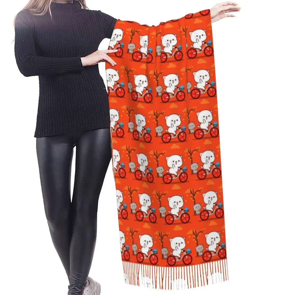 Custom Print Romantic Peach And Goma Mochi Cat Scarf Men Women Winter Warm Scarves Fashion Versatile Shawl Wrap