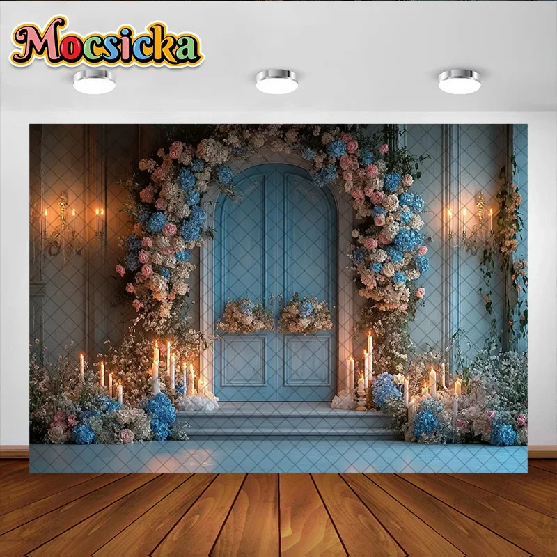 Mocsicka التصوير خلفية الأزهار قوس باب خشبي الديكور خلفية كعكة سحق استحمام الطفل صورة استوديو الدعامة راية