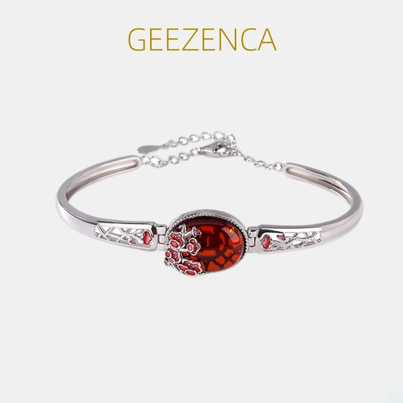 

GEEZENCA Natural Red Amber S925 Silver Plum Flower Bracelet For Women Girl Vintage Luxury Oval Gemstone Bracelets 2023 New Gift