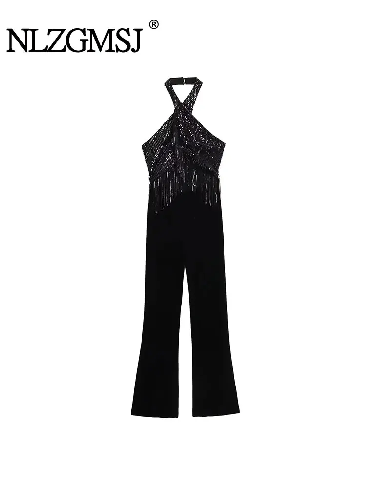 TRAF 2024 Autumn Woman Tassel Beaded Hanging Neck Long Jumpsuits Fashion Sleeveless Vintage Causal Elegant Playsuit Slim Tops