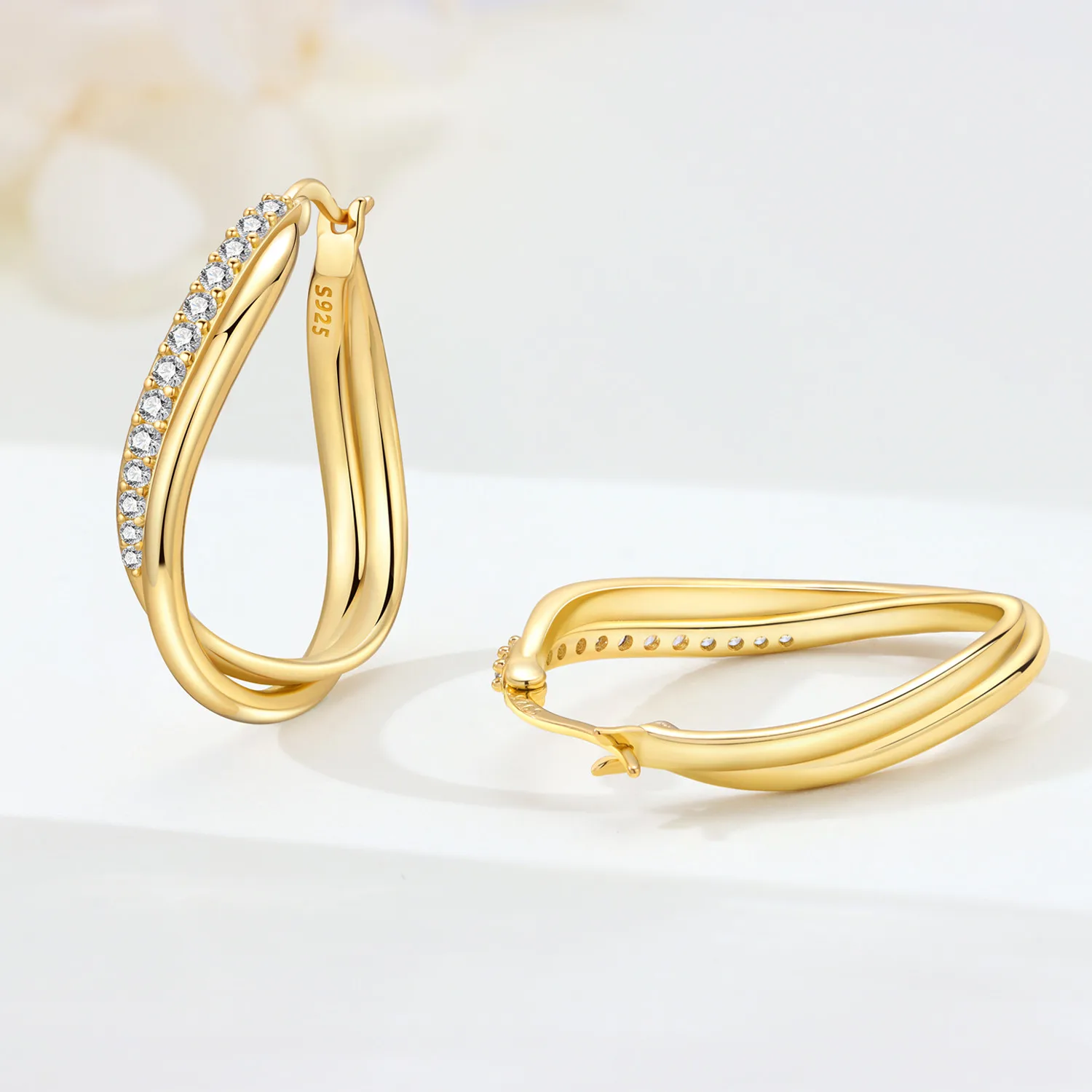 PANPOKI S925 Sterling Silver Double Layered Golden Zircon Earrings Versatile Hoop Earrings For Women Jewelry Party Gifts