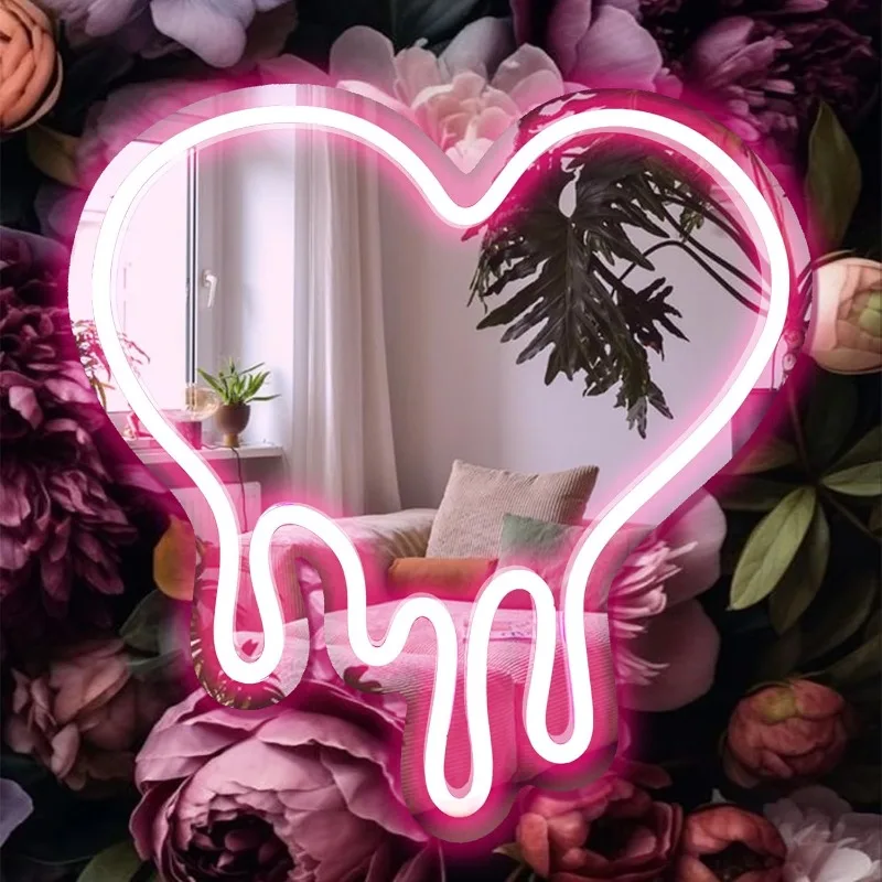 Heart-Melting Wall Decor, USB Powered LED Light in Pink, Decorative Wall Mirror Bedroom,Girls Room, Party, Great Birthday Gifts