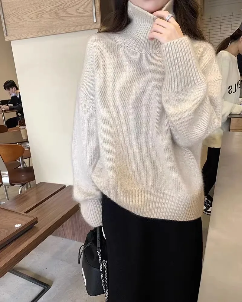 Heavy European American turtleneck cashmere sweater women\'s 100% pure cashmere sweater thickened loose knit bottom shirt