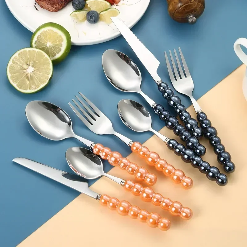 4Pcs Luxury Dinnerware Set Ceramic Pearl Handle Stainless Steel Spoon and Set Fork Western Silver Cutlery High-looking Tableware