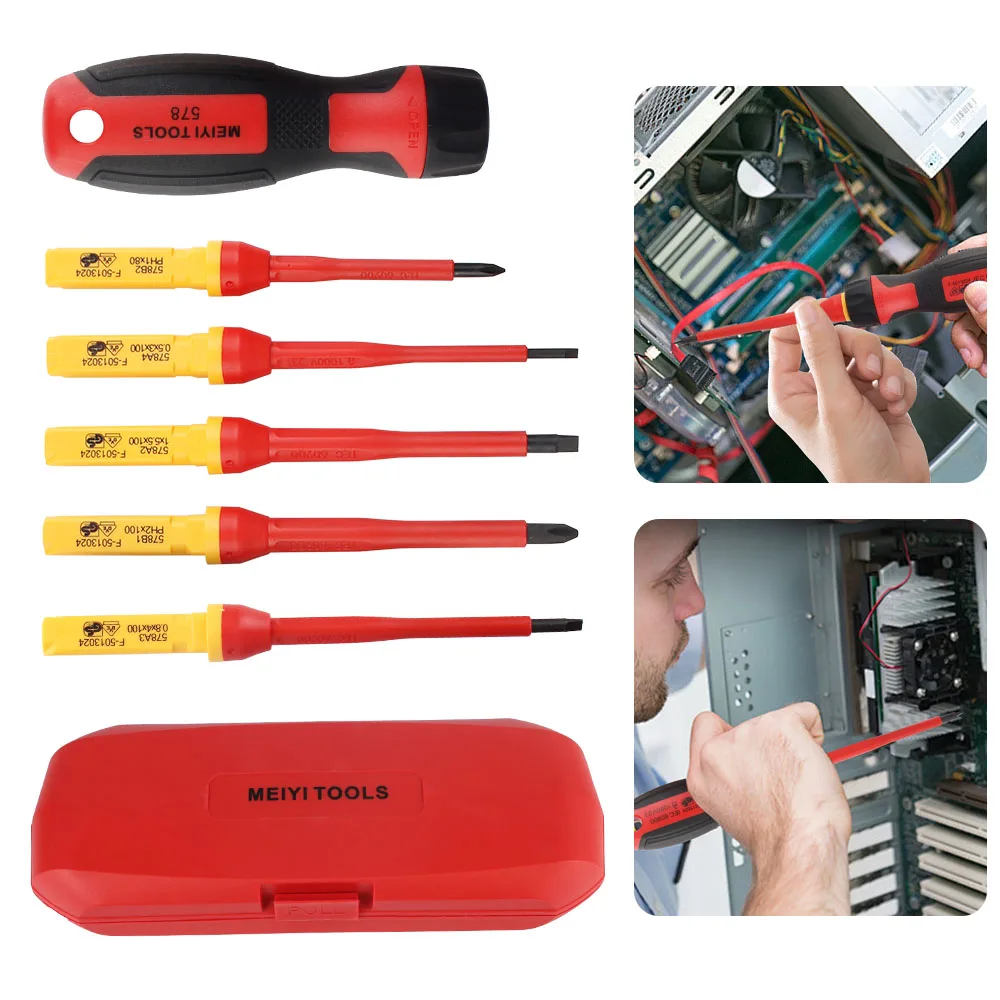 Conveniente Plum Blossom Head, cabeça com fenda com caixa, magnético isolado chave de fenda, ferramentas eletricistas, 1000V, 7pcs por conjunto