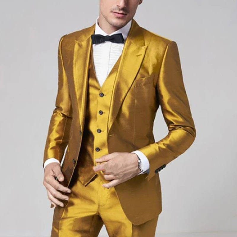 Latest Golden Satin Men Suits 2023 Slim Fit Prom Party Stage Groom Wedding Tuxedo Ternos Male Suit 3 Pieces (Blazer+Vest+Pants)