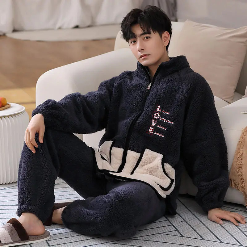 Winter Pajamas Men's Fleece Thickened Warm Plush Men's Cardigan Zipper Coral Fleece Loungewear Suit Winter Can Be Worn Outside