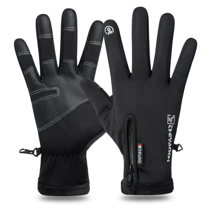 Guantes de ciclismo para hombre Q903Winter con cremallera pantalla táctil a prueba de viento cálidos impermeables deportes de ciclismo guantes de esquí con forro polar para hombre