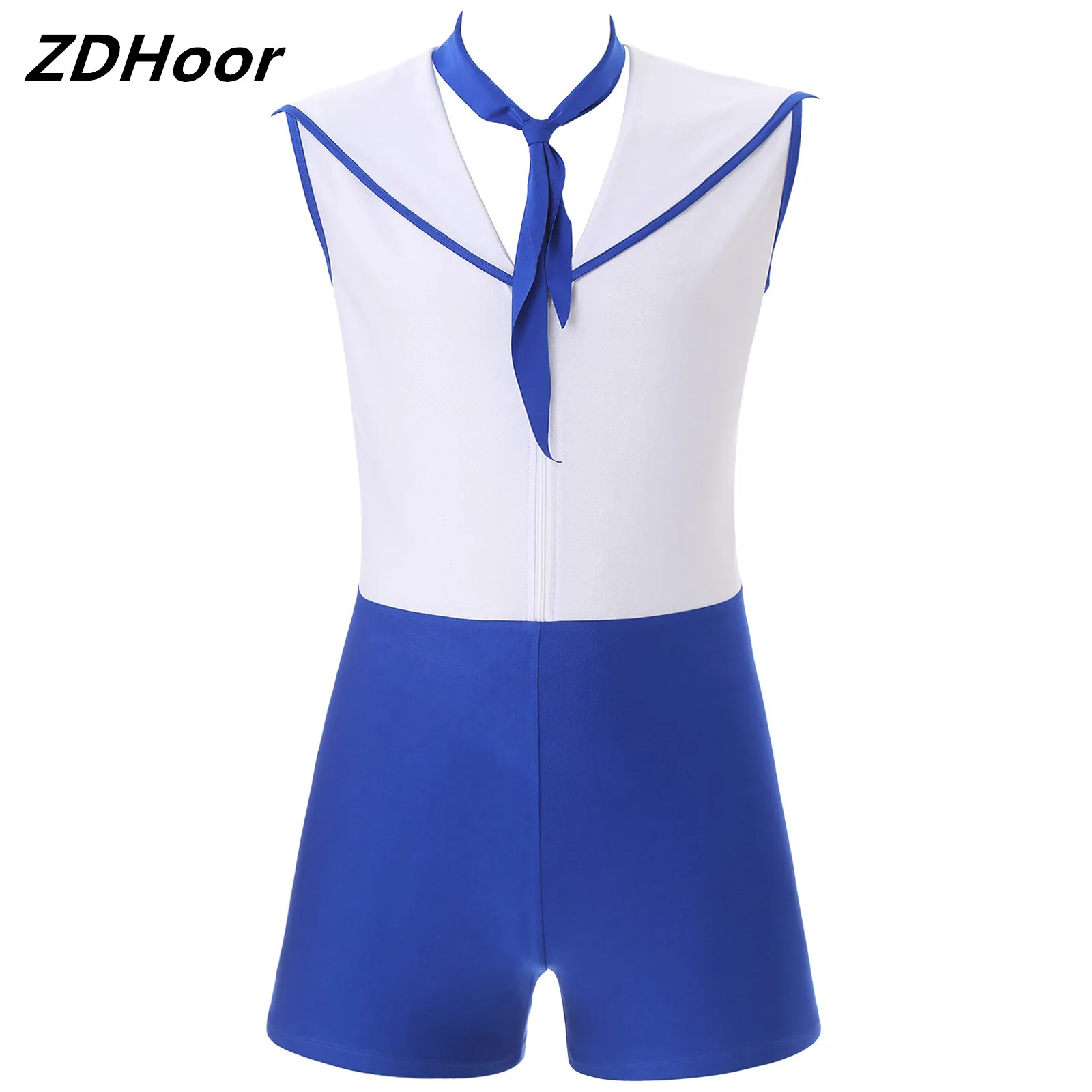 

Mens Halloween Sailor Romper Square Collar Sleeveless Front Zip-Up Jumpsuit with Tie Triangular Scarf Cosplay Costumes