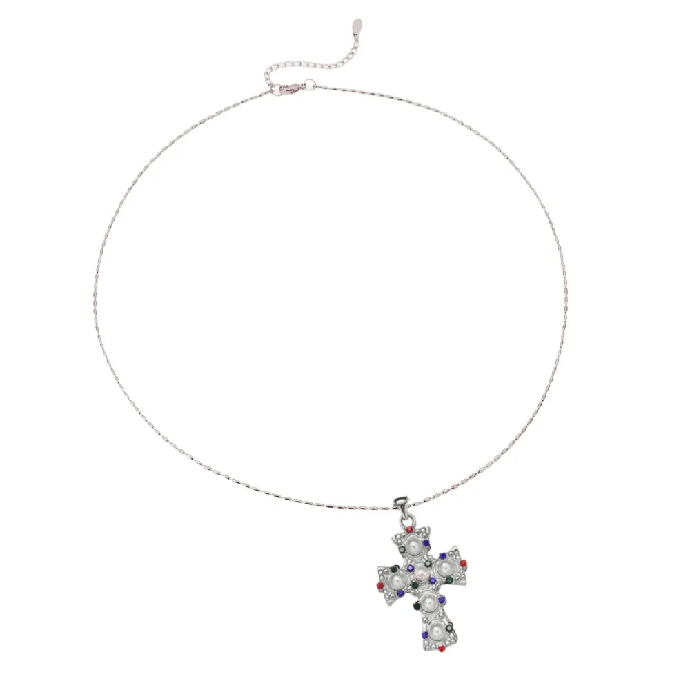 

Exquisite Cross Pendant Necklace Stainless Steel Colored Zircon Pearl Necklace Exaggerated Charms Vintage Jewelry Necklace Gift