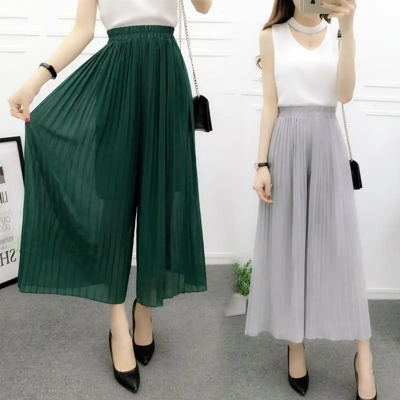 2024 estate pantaloni a gamba larga in Chiffon coreano elasticità donna vita alta tinta unita Culottes pantaloni in Chiffon pantaloni da ballo L29