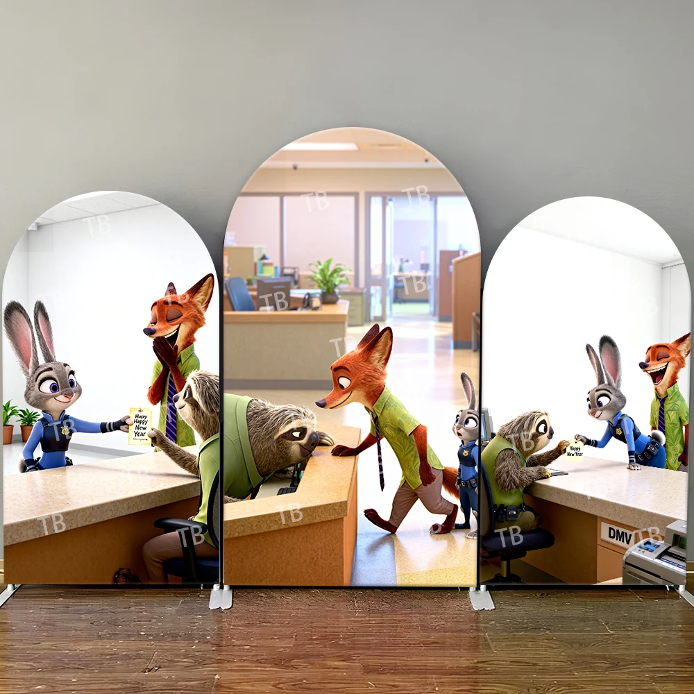 

Disney Zootopia Nick Judy Sloth Office Scene Arch Backdrop Cover Happy Day Sign Decor Photo Booth Prop for Kids Party